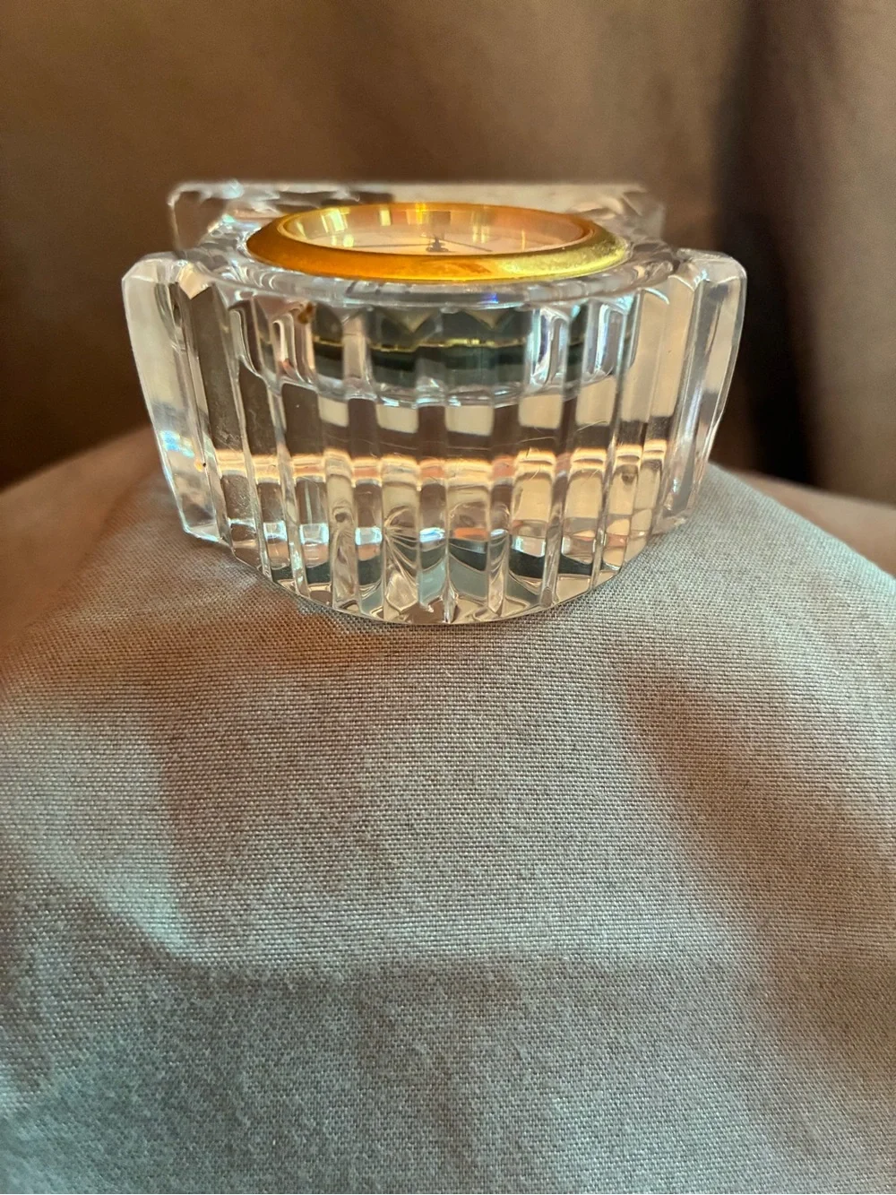 Waterford Crystal 3” Small Gold Ringed Carriage Clock, Needs Battery
